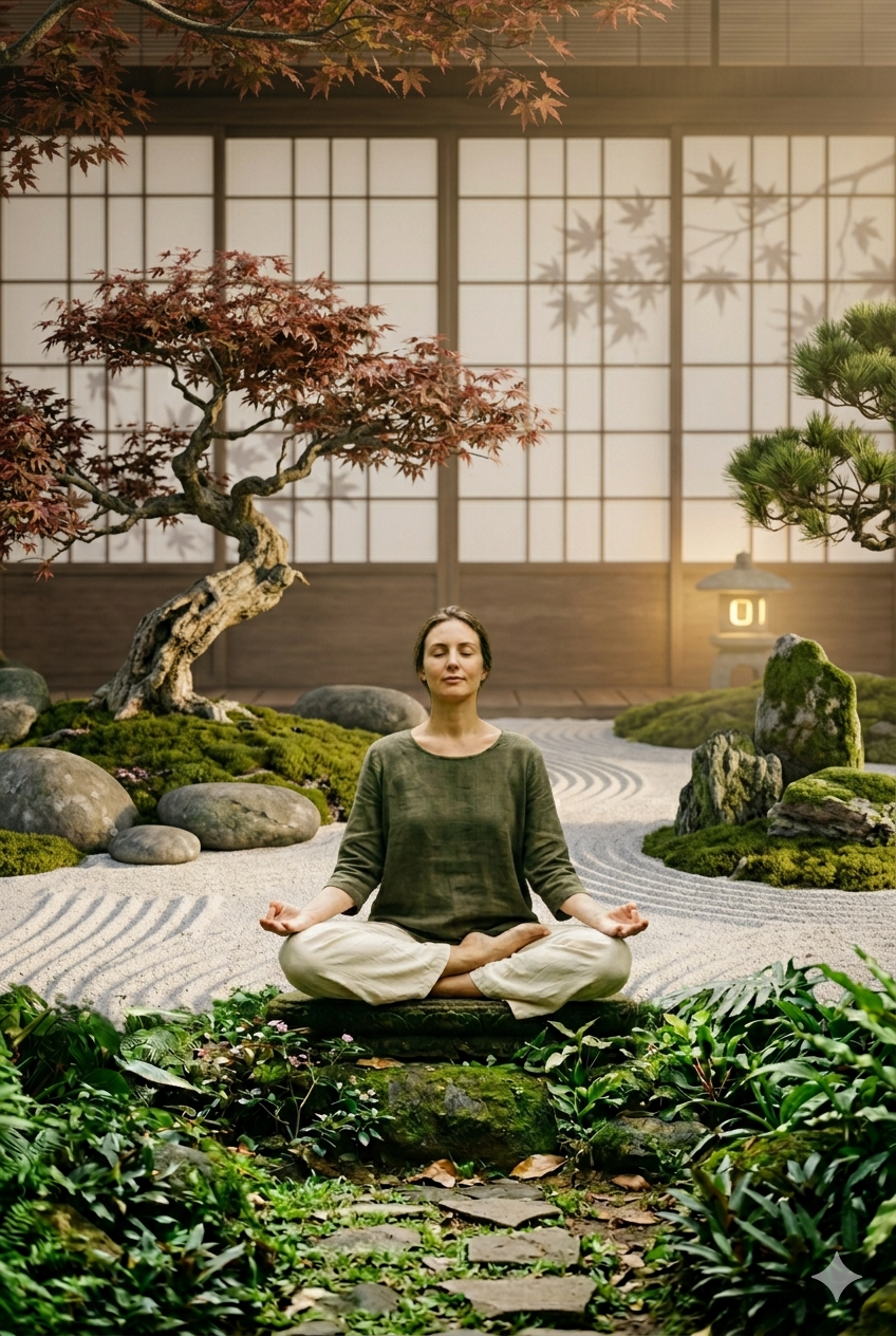 Mulher em posição de meditação ao ar livre, com expressão serena